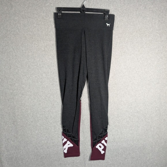 PINK Victoria's Secret Pants - PINK Victorias Secret Yoga Leggings Womens Small Gray Maroon Lattice Sporty